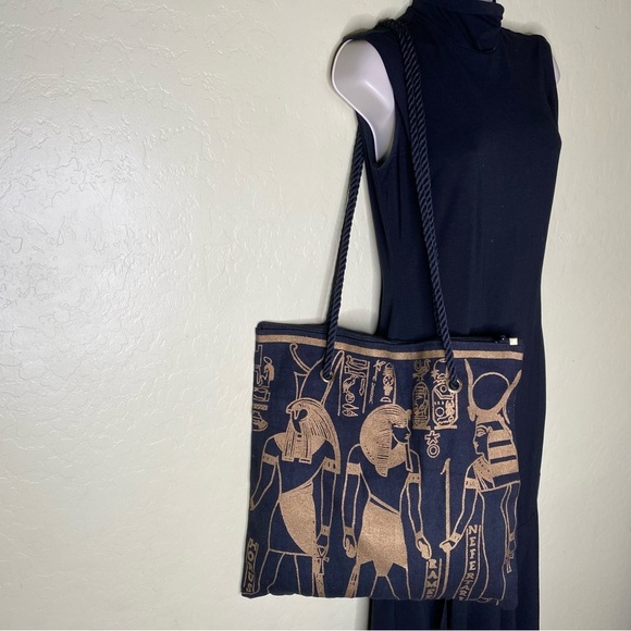 Black and Gold Ancient Egyptian Printed Large Canvas Tote Bag - Picture 6 of 16